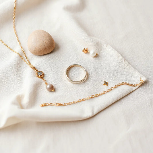 Minimalist gold and silver rings, delicate pendant necklace, and small stud earrings on neutral fabric