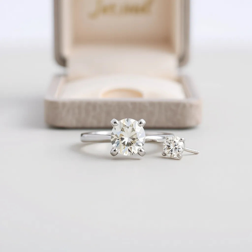 Moissanite ring and matching stud earrings with a clearly faceted stone on a neutral background