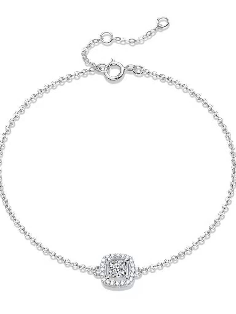 RingShing moissanite halo bracelet with a cushion-cut center stone on a delicate, adjustable white gold chain.