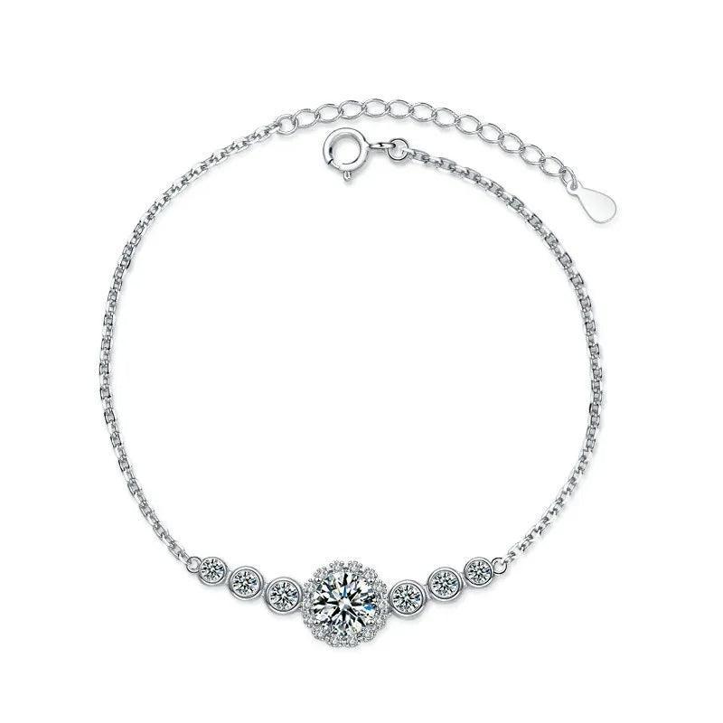 RingShing luxury moissanite halo bracelet in white gold featuring bezel-set side stones on a delicate chain.