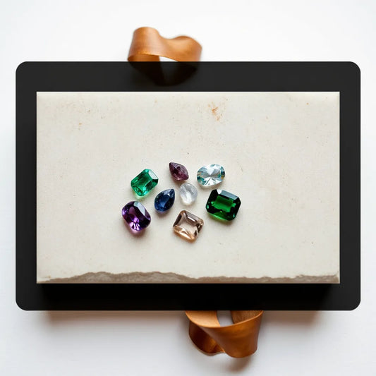 A small cluster of cut gemstones on a neutral surface under soft daylight