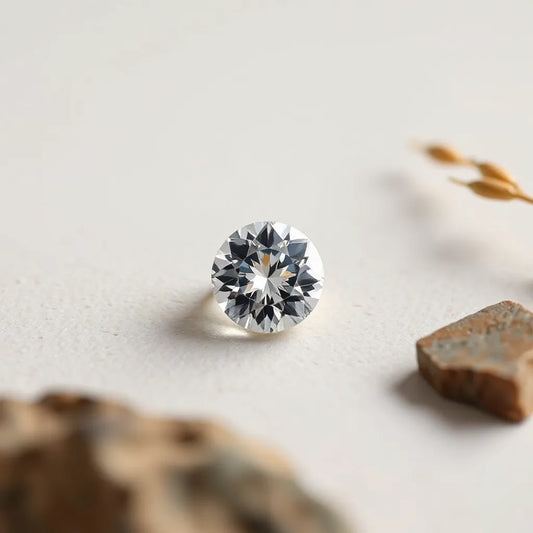 Round brilliant moissanite gemstone with sharp facets on a neutral studio background