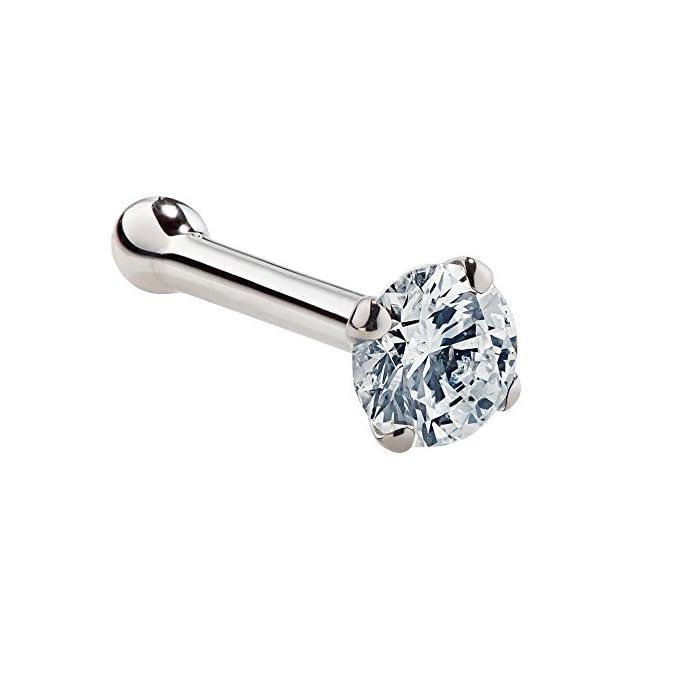 RingShing luxury round brilliant moissanite nose stud with a polished white gold 4-prong setting.