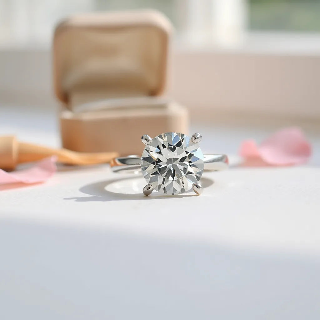 Moissanite engagement ring with a sparkling center stone on a neutral background