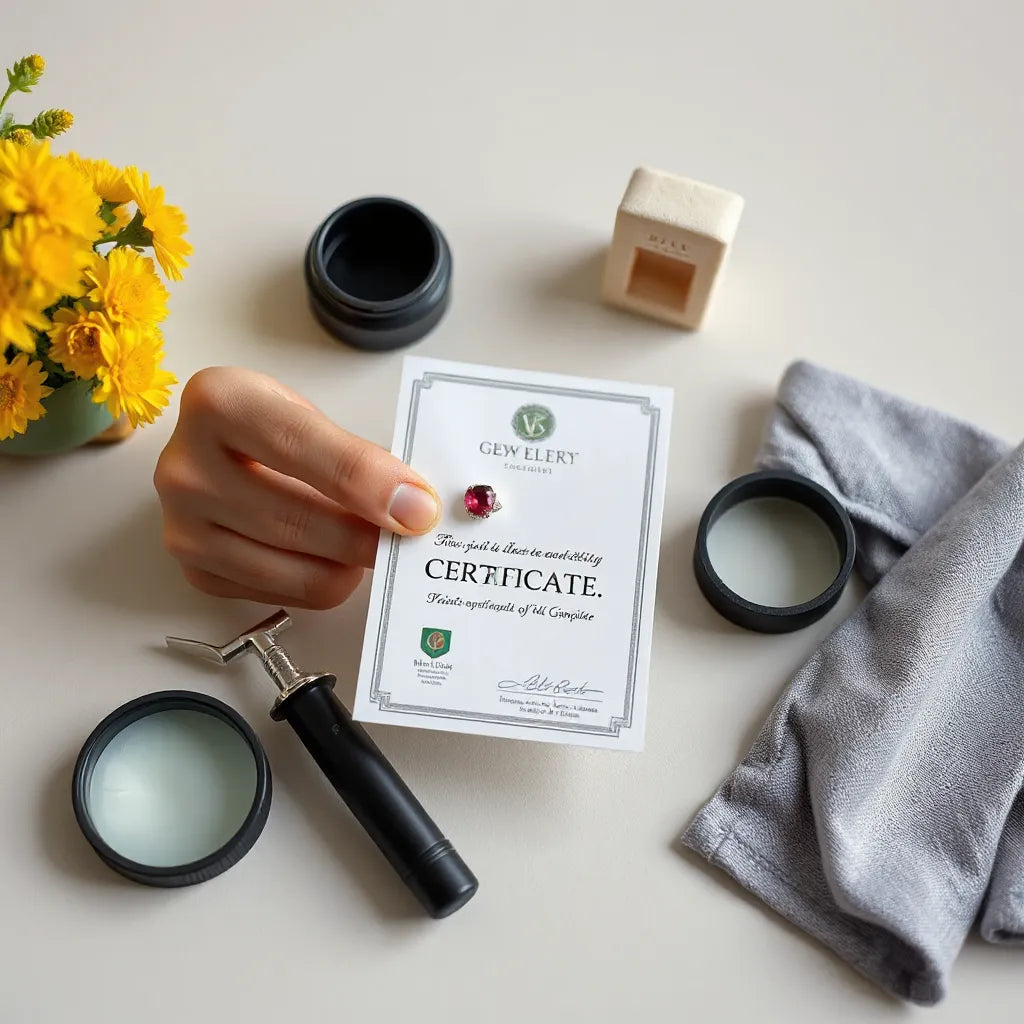 Jewel appraiser reviewing a jewelry certificate card next to a gemstone and loupe