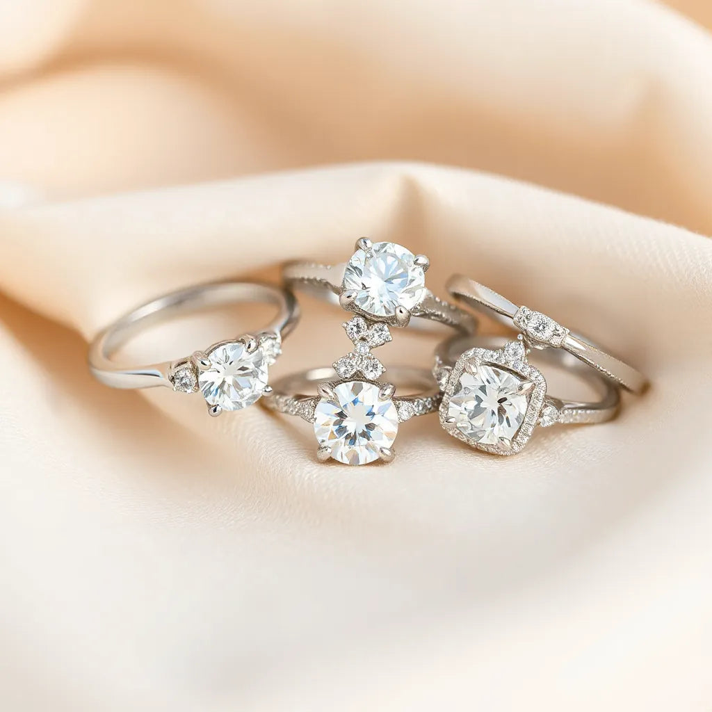 Silver moissanite rings with sparkling stones arranged on neutral fabric in soft natural light
