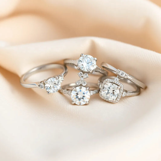 Silver moissanite rings with sparkling stones arranged on neutral fabric in soft natural light