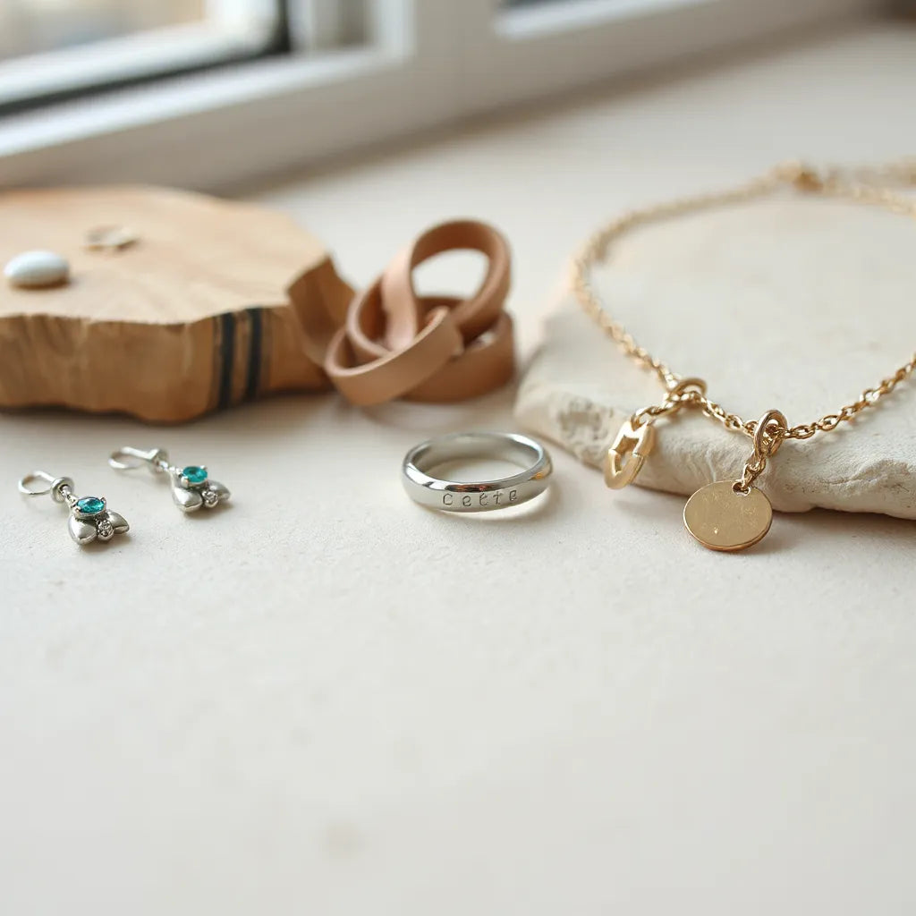 Personalized ring, delicate necklace, and small earrings arranged on a neutral jewelry display