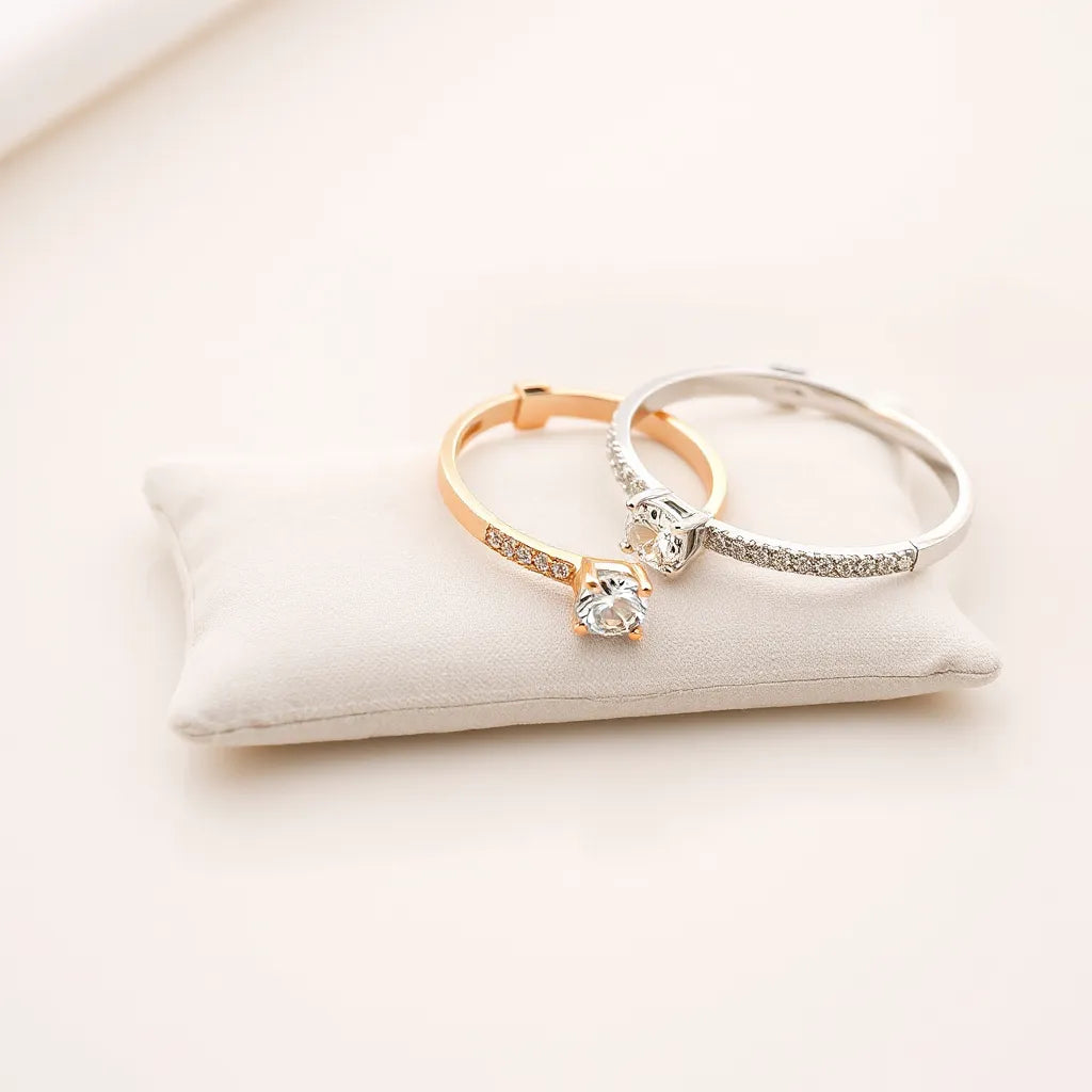 Moissanite diamond bracelets arranged on a neutral background with visible sparkle and detailed settings