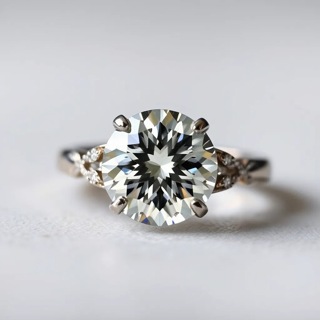 Moissanite gemstone ring with sparkling facets in a clean studio setting