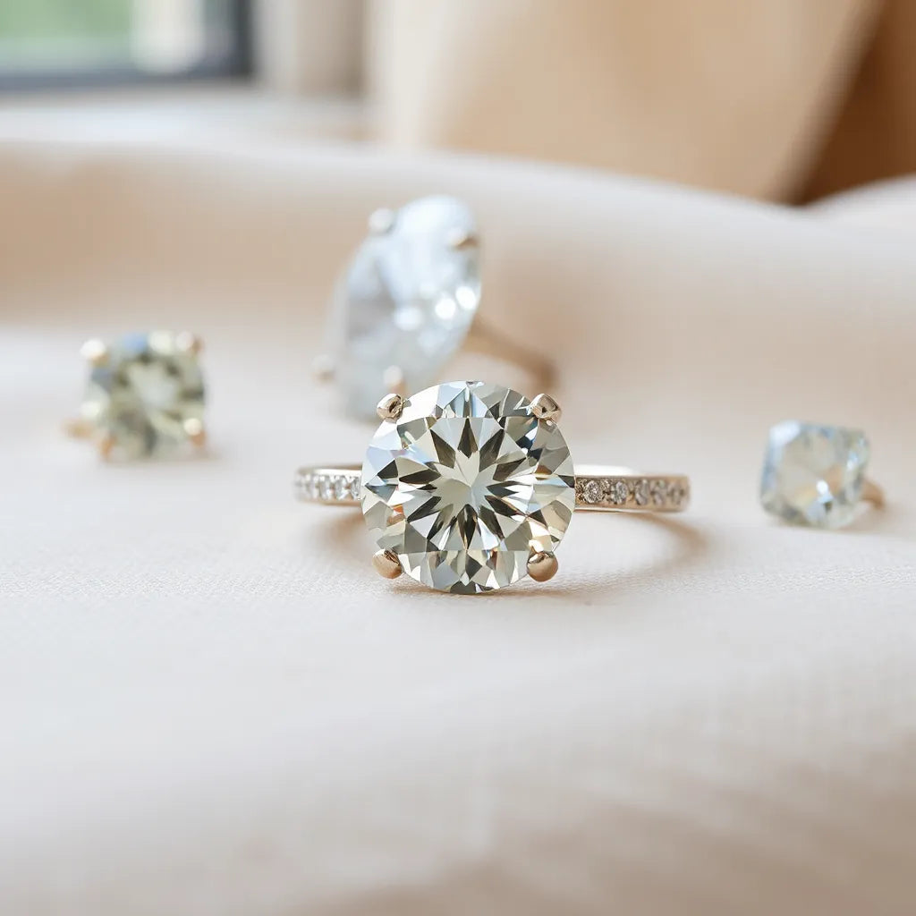 Round faceted moissanite gemstone in an engagement ring with subtle comparison stones in soft light