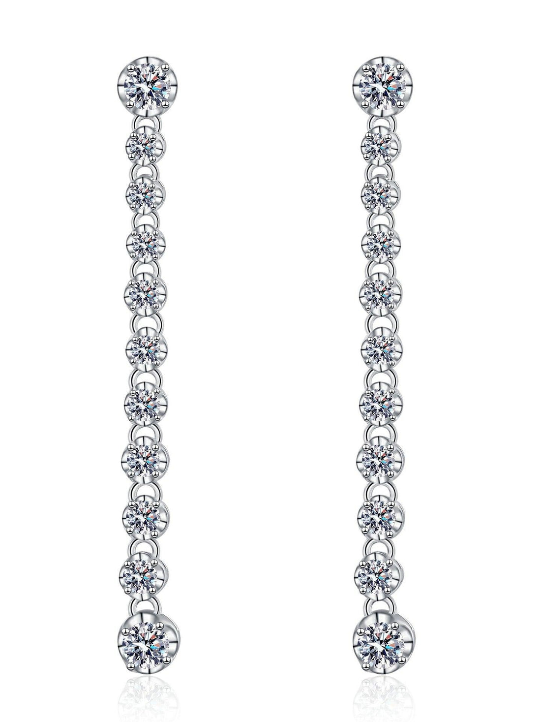 RingShing moissanite linear drop earrings featuring a dazzling cascade of round-cut stones in white gold.