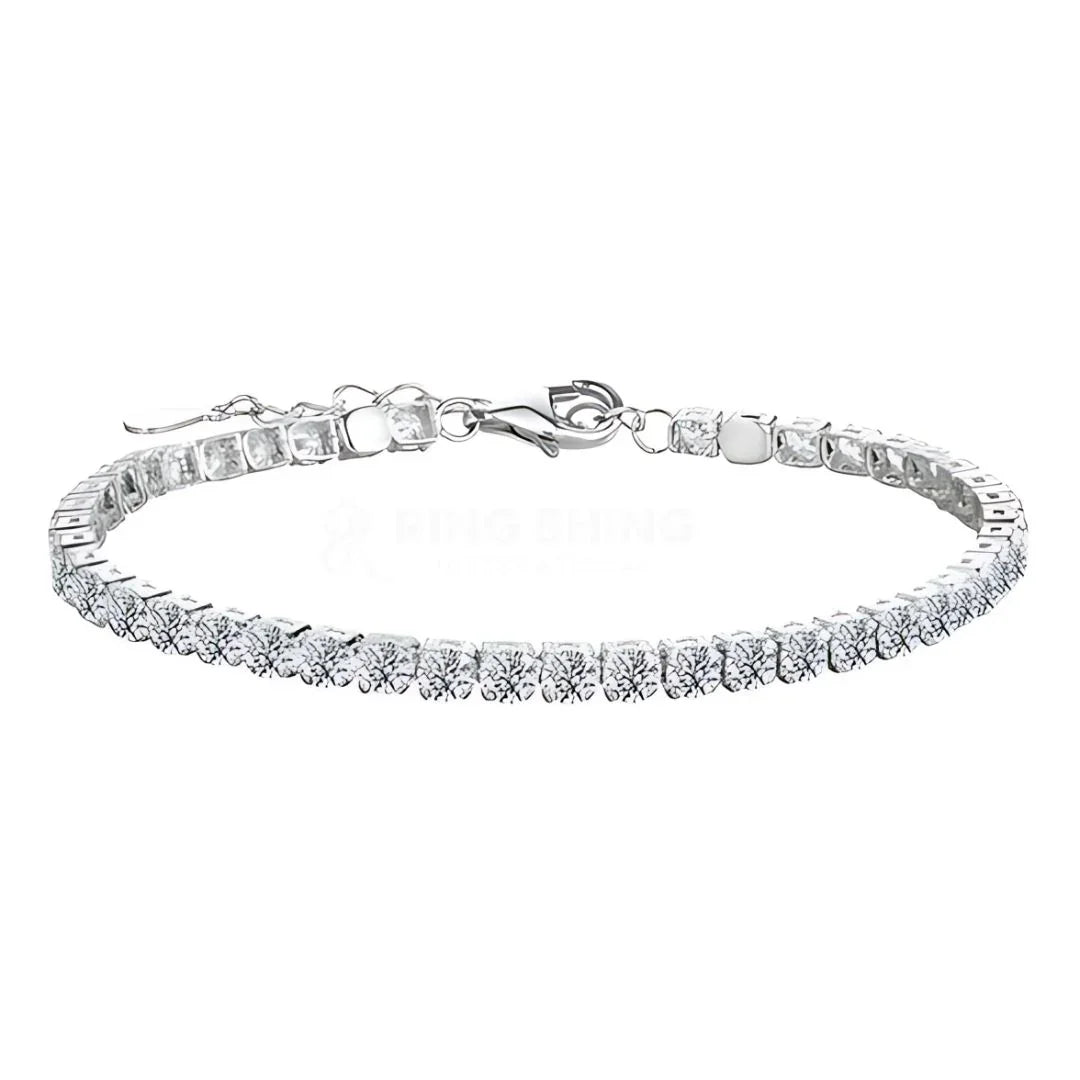 Luxury RingShing moissanite tennis bracelet featuring brilliant square-cut stones and adjustable silver clasp.