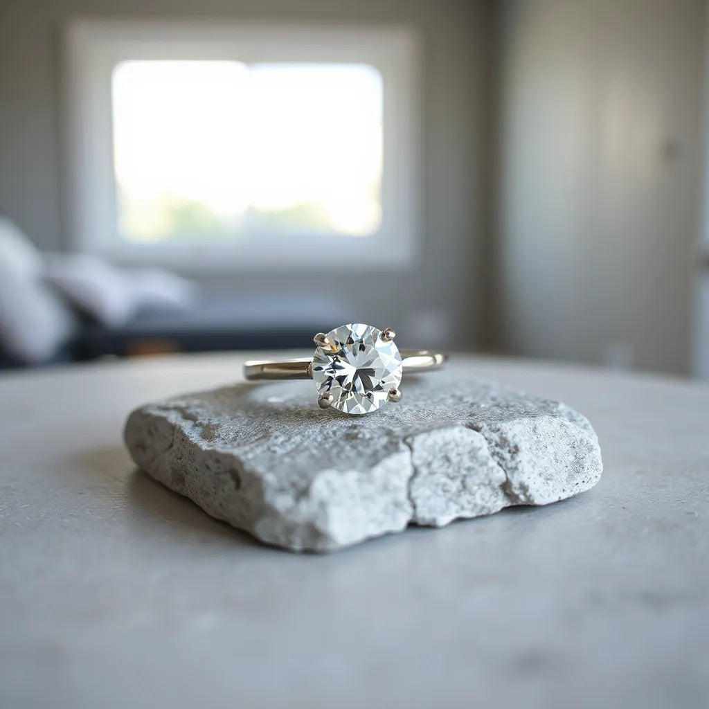 Round moissanite ring with a simple band on a light neutral surface under soft window light