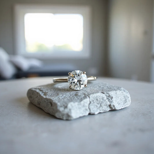 Round moissanite ring with a simple band on a light neutral surface under soft window light