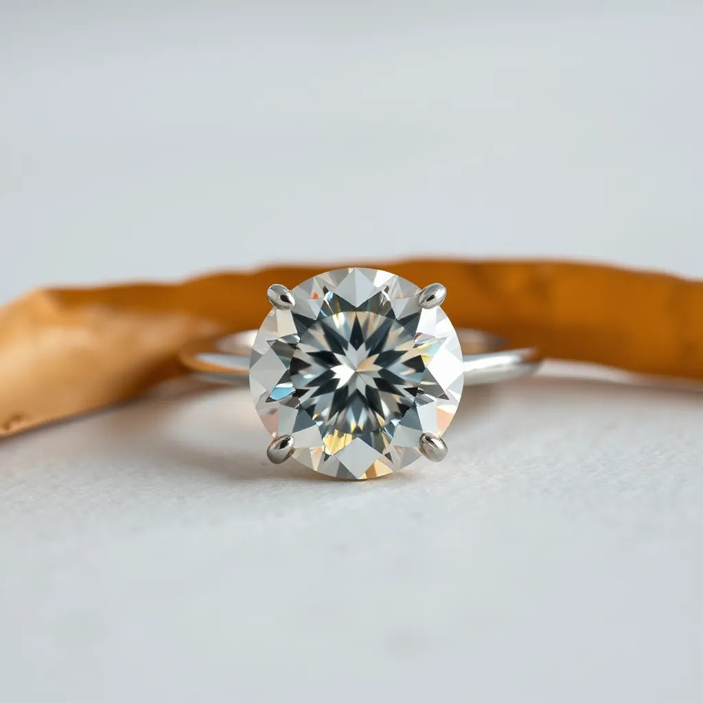 Faceted moissanite gemstone in a simple setting with crisp sparkle on a neutral background