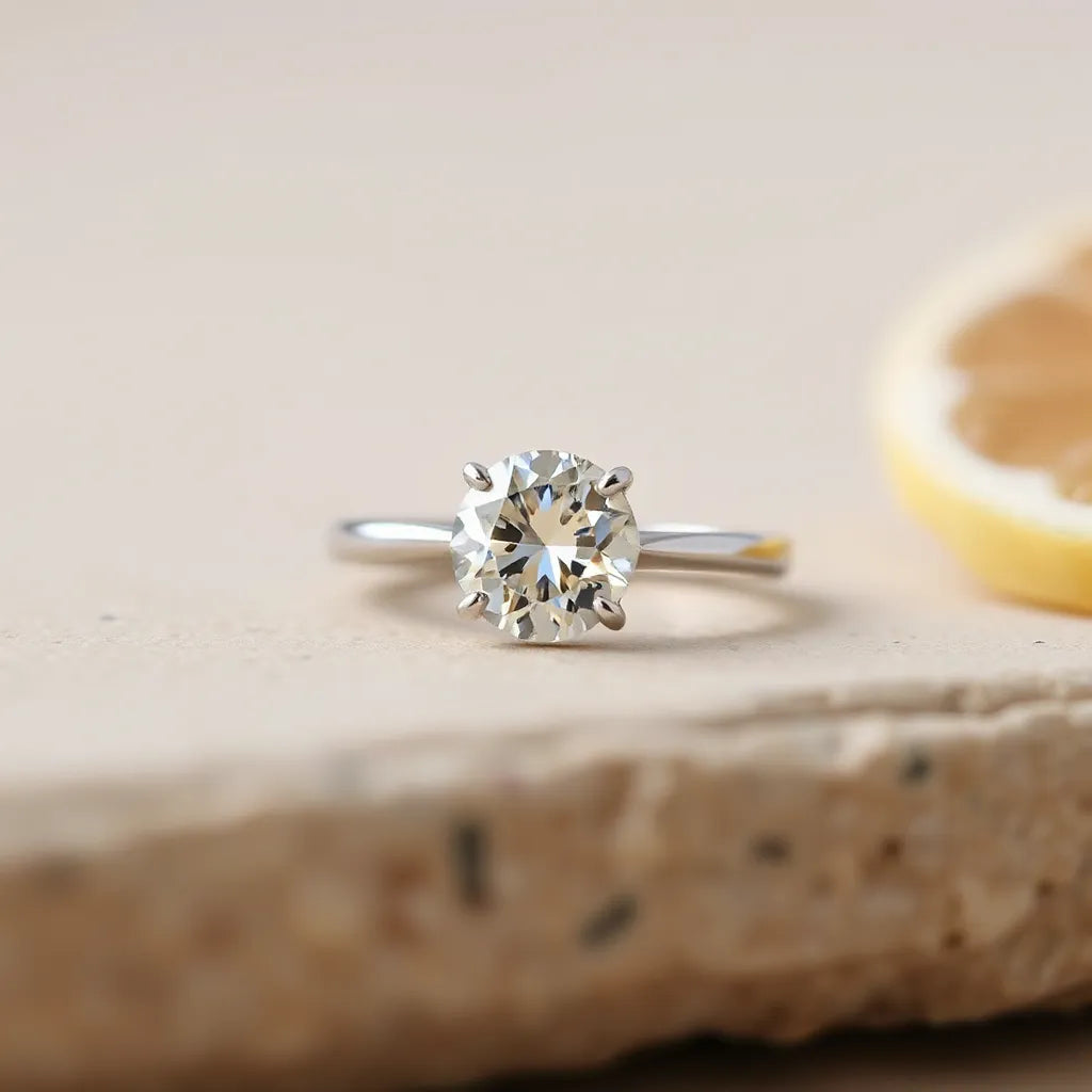 Original moissanite ring with a bright gemstone in a simple prong setting under soft natural light