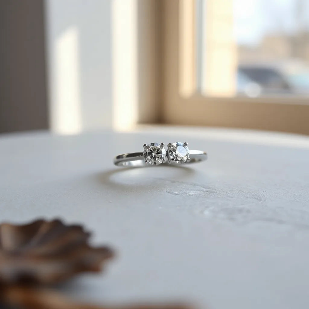 Two sleek moissanite bands with subtle sparkle on a neutral stone surface