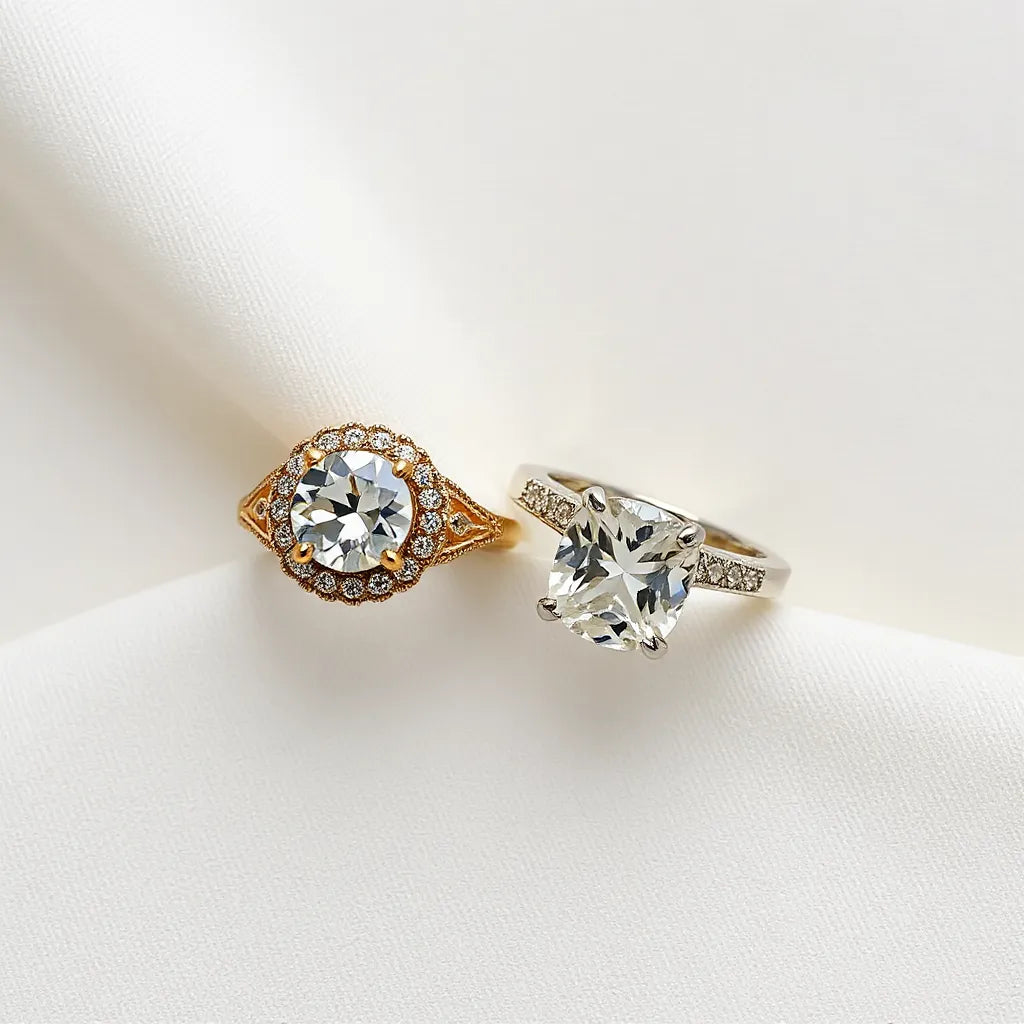 Vintage style moissanite rings with halo and milgrain settings on a neutral background