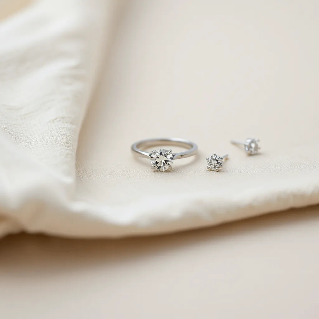 Modern moissanite ring with matching bracelet and stud earrings on a neutral background
