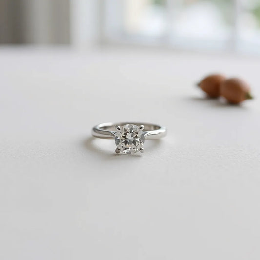 Moissanite white minimalist band ring with subtle sparkle on a neutral background