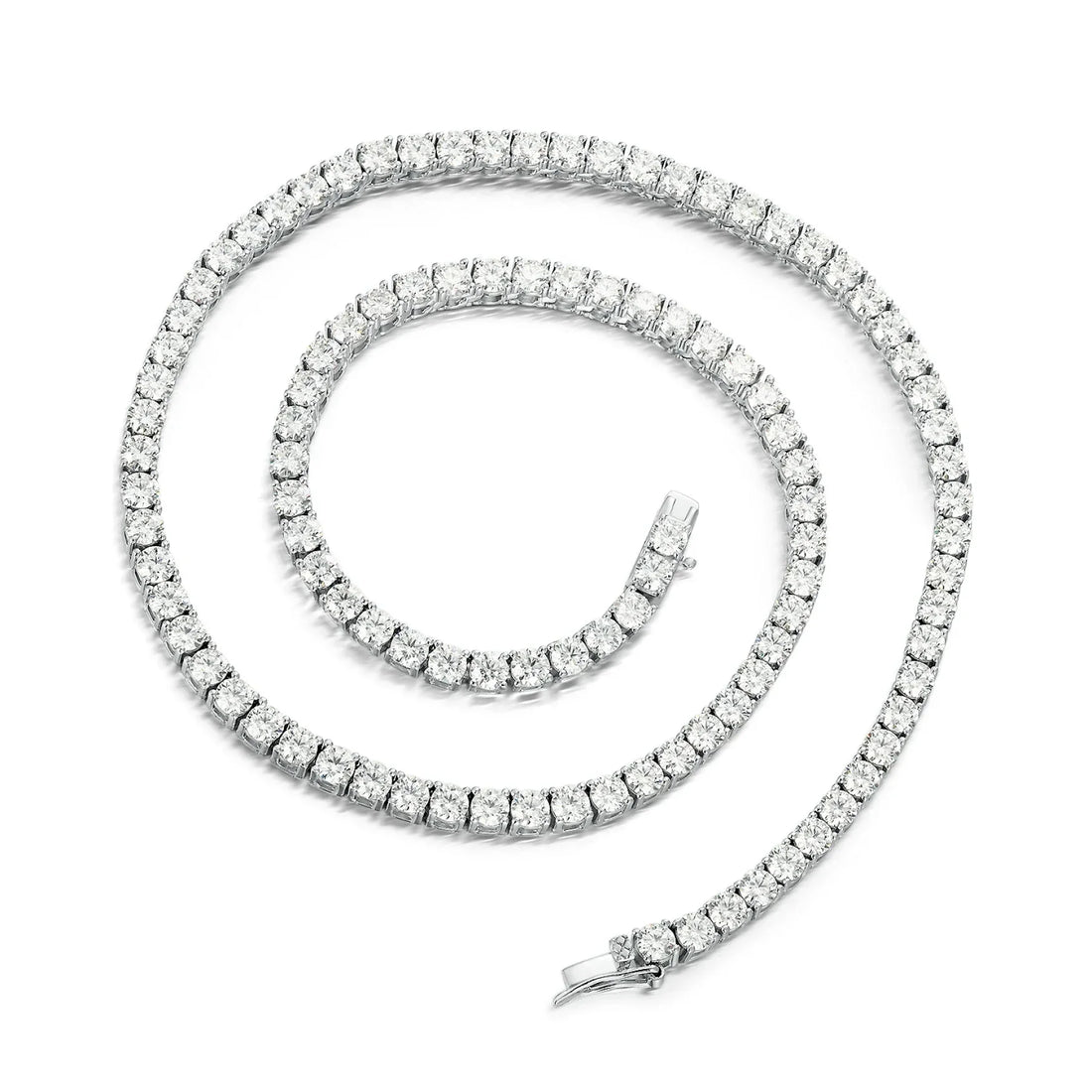 RingShing luxury round cut moissanite tennis necklace coiled on a pristine white background.