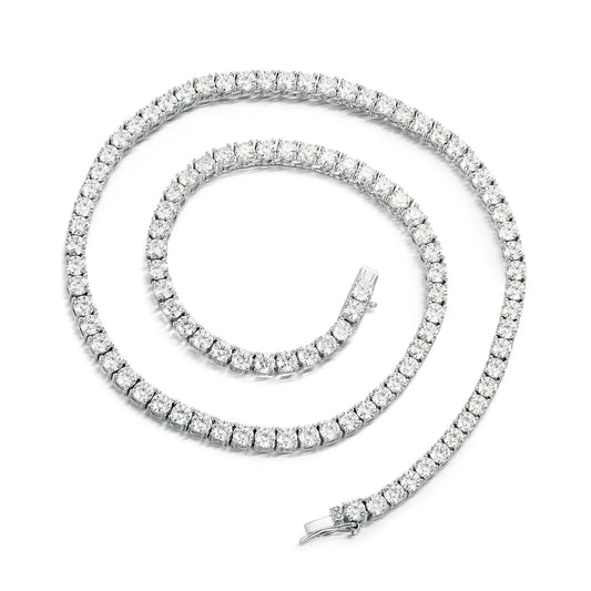 RingShing luxury round cut moissanite tennis necklace coiled on a pristine white background.