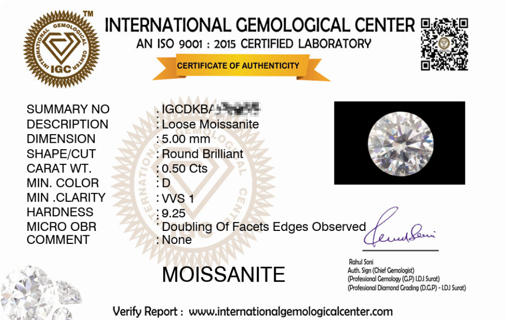International Gemological Center certificate for a loose moissanite with diamond imagery.