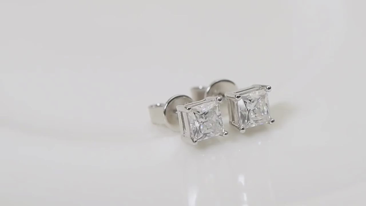 RSE-201 Original Moissanite Princess Cut Stud Earrings in Pure Silver